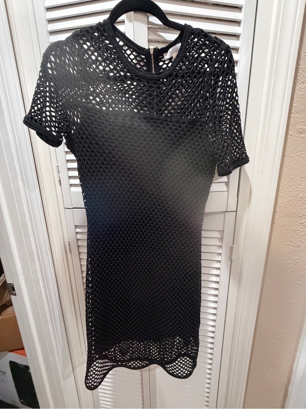 STATE Black Open-Knit Short Sleeve Mini Dress